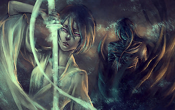 Bleach, ichigo, rukia, purple eyes, fantasy girl, original, short hair, warrior, black hair, dark, anime girl, bankai, anime, fantasy, kimono girl, tagme, katana, guy HD wallpaper