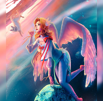 Angel, aleksandra cabel, cat, cosmonaut, blue, wings, girl, astronaut, pink, pisici, fantasy, luminos HD wallpaper
