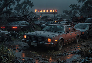 Old car, dark, car, graveyard, forest, light HD wallpaper