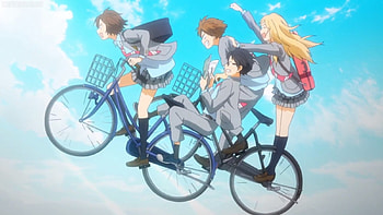 Let's Go!!, blonde, cute, kaori miyazono, school uniform, long hair, nice, scare, kousei, short hair, bike, happy, blonde hair, male, female, sweet, miyazono, blond, miyazono kaori, girl, kaori, kawaii, anime girl, arima, bicycle, boy, anime, pretty, sky, lovely, jump, jumping, excited HD wallpaper