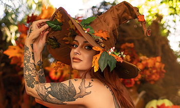 Witch, autumn, girl, toamna, orange, hat, woman, model, tattoo, halloween HD wallpaper