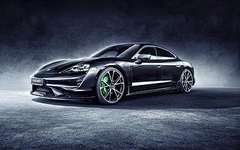 2021, Porsche Taycan, TechArt aerokit, , front view, exterior, black Taycan, TechArt tuning, green calipers, German sports cars, Porsche HD wallpaper