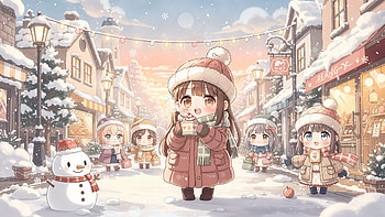 Kawaii Winter Stroll —, Winter, Kawaii, Anime Girl, Chibi HD wallpaper