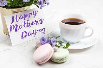 Celebrate Mother's Day with a heartfelt card, coffee, and macarons for a lovely morning gift. HD wallpaper