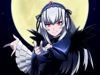 Suigintou, night, full moon, rozen maiden, smile, cute, red eyes, girl, long hair, anime, white hair HD wallpaper