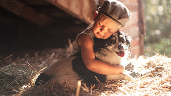 Boy Outdoors Hugging Dog HD wallpaper