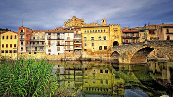 old city bridge over a river, river, reflection, city, bridge, grass HD wallpaper