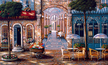Petit Hotel, artwork, chairs, arcade, paris, painting, tables, building HD wallpaper