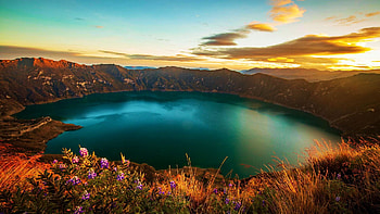 Quilatoa, Ecuador’s Crater Lake, clouds, trees, sky, flowers, water, reflections, sunset HD wallpaper