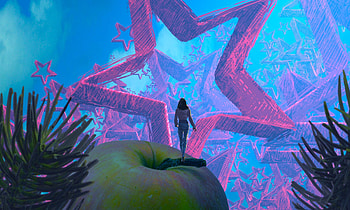 Movie star, blue, art, green apple, girl, pink, fantasy, jakub grygier, fruit, luminos HD wallpaper