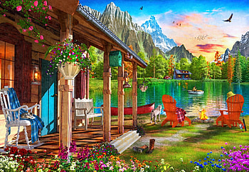 Cabin by the Lake, artwork, bench, dog, boat, chair, flowers, veranda, mountains, digital HD wallpaper