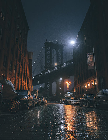 Sidewalk near bridge, city, night HD phone wallpaper