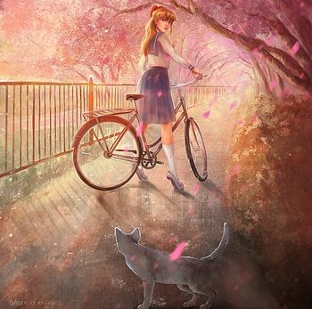 *, girl, pink, cat, art HD wallpaper
