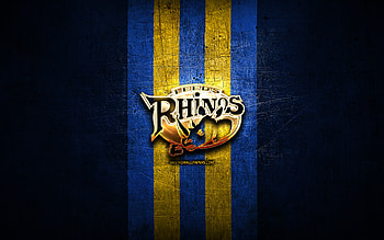 Leeds Rhinos, golden logo, SLE, blue metal background, english rugby club, Leeds Rhinos logo, rugby HD wallpaper