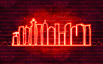 Doha red neon silhouette, , red neon lights, Doha skyline silhouette, red brickwall, qatari cities, neon skyline silhouettes, Qatar, Doha silhouette, Doha HD wallpaper