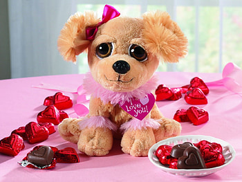 Valentine Puppy, dog, toy puppy, toy dog, Valentines, ribbon, candy, Valentine, puppy, chocolates, Valentines Day, hearts, dish, bow HD wallpaper