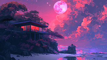 Dreamy Aesthetic Home Under Moonlight, aesthetic, dream home, landscape, moon HD wallpaper