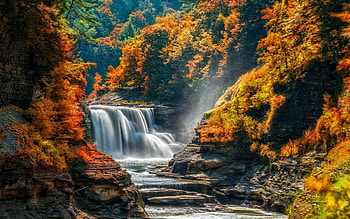 Autumn Waterfall, leaves, cascade, river, fall, trees, colors HD wallpaper