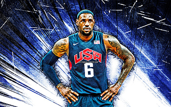 LeBron James, grunge art, USA Basketball Mens National Team, LeBron Raymone James, US mens national basketball team, blue abstract rays, LeBron James HD wallpaper