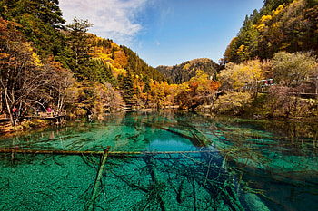 Jiuzhaigu-Valley, China, trees, autumn, cliff, mountains, water HD wallpaper