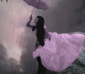 ✫Curiosity in the Rain✫, curiosity, umbrella, emotional, cute, colors, digital art, butterflies, animals, female, sweet, model, rain, flying, beautiful, pink, fantasy, pretty, manipulation, cool, clouds, sky, girls, women, lovely, cliff HD wallpaper