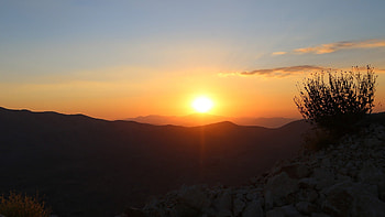 Sunset Mirage, hills, sky, grass, bush, mountains, sunset, sunrise HD wallpaper
