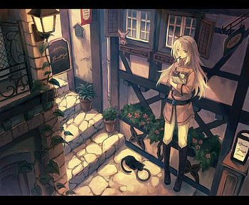 anime, animal, house, gat, uniform, red eyes, long hair, dress HD wallpaper