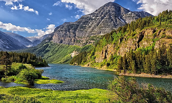 SWIFTCURRENT RIVER, MONTANA, landscape, clouds, trees, forests, grass, mountains, water HD wallpaper