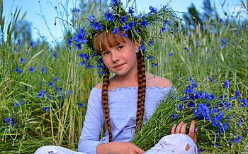 Beauty, blue, summer, field, flower, green, girl, child HD wallpaper