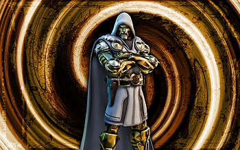 God Emperor Doom, yellow grunge background, Fortnite, vortex, Fortnite characters, God Emperor Doom Skin, Fortnite Battle Royale, God Emperor Doom Fortnite HD wallpaper