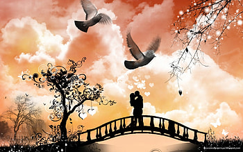 Spring Love, pigeons, love, couple, flowers, spring HD wallpaper