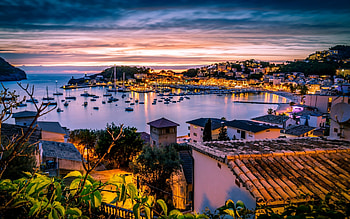 Port de Soller, Mediterranean sea, Yachts sunset, Evening Spain HD wallpaper