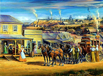 Postcoach in Australia, artwork, horses, painting, houses, people, village HD wallpaper