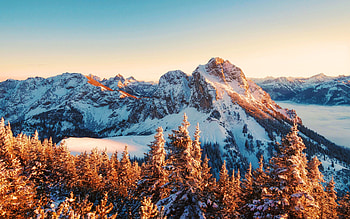 Golden hour in the mountains of southern Germany, trees, sky, alps, snow, sunrise HD wallpaper
