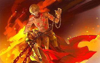 Gilgamesh, armour, flames, red eyes, fate stay night, fate zero, chain, anime, fire, male HD wallpaper