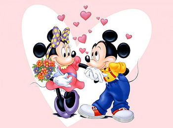 mickey and minnie in love, hearts, mickie, minnie, flowers HD wallpaper