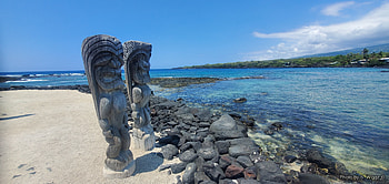 Pu'uhonua o Honaunau (Place of Refuge), Beach, Sky, Lava, Sand, Puuhonua, Water, Hawaii, Ocean, Islands, Guardians, Clear, Clouds HD wallpaper