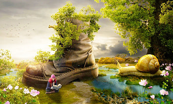 Her Magical World, art, figure, girl, snail, woman, digital, big and small, fantasy, abstract, trees, nature HD wallpaper