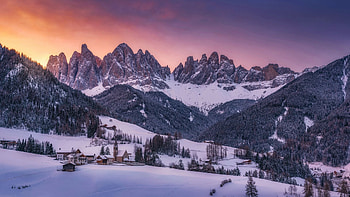 Santa Maddalena, Dolomites, Italy, snow, peaks, trees, landscape, church, alps, rocks, village, sunset HD wallpaper