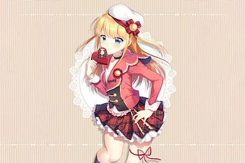 Gift in hand, anime girl, blonde HD wallpaper