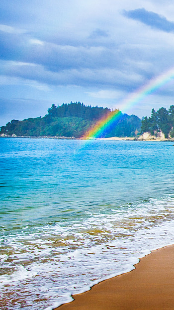 rainbow, nature, coastline, sand, New Zealand, beach HD phone wallpaper