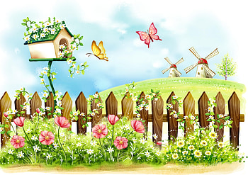 Spring Day, windmills, grass, birdhouse, tree, butterflies, fence, clouds, flowers, sky, Spring, hill HD wallpaper