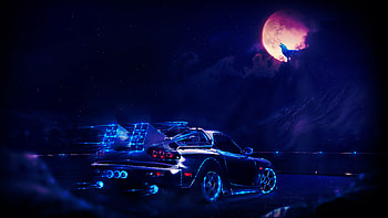 Madza Rx7 Neon Wolf Night Artwork, neon, mazda, cars, artist, artwork, digital-art, wolf, fantasy HD wallpaper