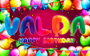 Happy Birtay Valda, , colorful balloon frame, Valda name, purple background, Valda Happy Birtay, Valda Birtay, popular german female names, Birtay concept, Valda HD wallpaper