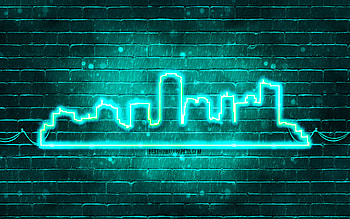 Phoenix turquoise neon silhouette, , turquoise neon lights, Phoenix skyline silhouette, turquoise brickwall, american cities, neon skyline silhouettes, USA, Phoenix silhouette, Phoenix HD wallpaper