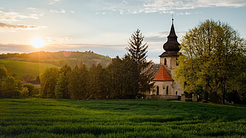 Sunset over the Hills in the Czech Republic, sky, church, trees, landscape, clouds, sun HD wallpaper