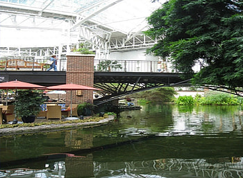 mall?, river, bridge, building, nature, mall, water, tree HD wallpaper