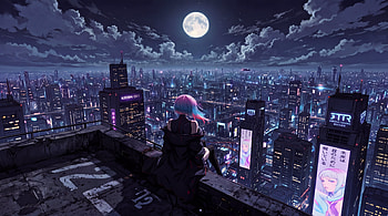 Cyberpunk Edgerunners - Lucy overlooking night city with a somber full moon, Lucy (Cyberpunk: Edgerunners), Anime, Night City (Cyberpunk 2077) HD wallpaper