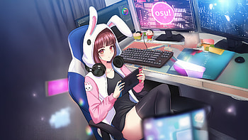 Otaku Gamer Bunny Ears And High Scores, artist, artwork, art, digital-art, anime-girl, artstation HD wallpaper