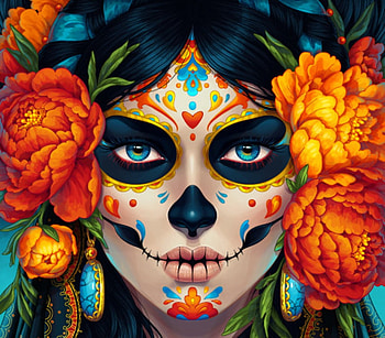 Catrina, blue, maria dimova, skull, peony, girl, orange, halloween, fantasy, flower, calavera, face, sugar skull, dia de los muertos, luminos HD wallpaper